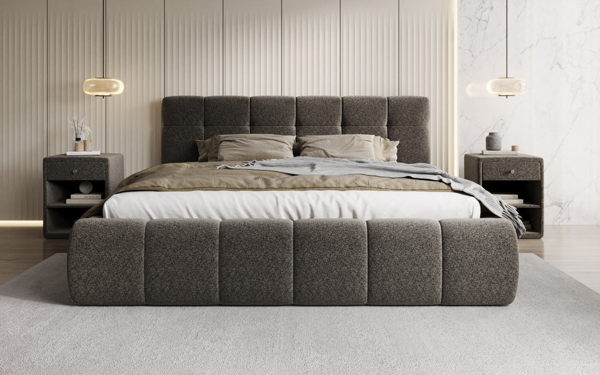 Lit rembourré design Helena en tissu texturé avec espace de rangement