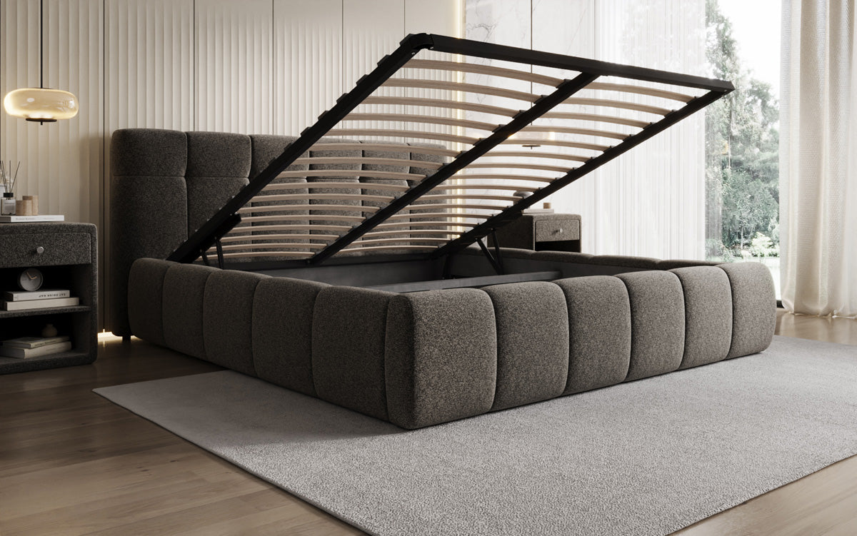 Lit rembourré design Helena en tissu texturé avec espace de rangement