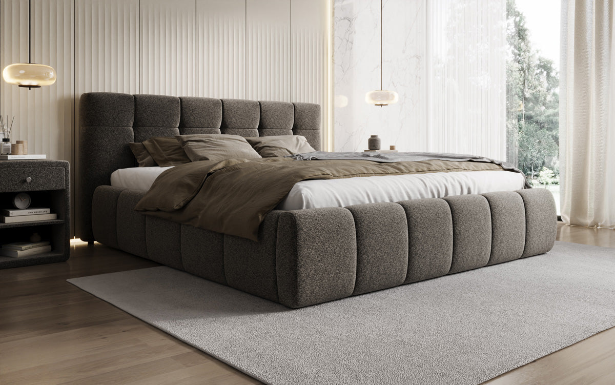 Lit rembourré design Helena en tissu texturé avec espace de rangement