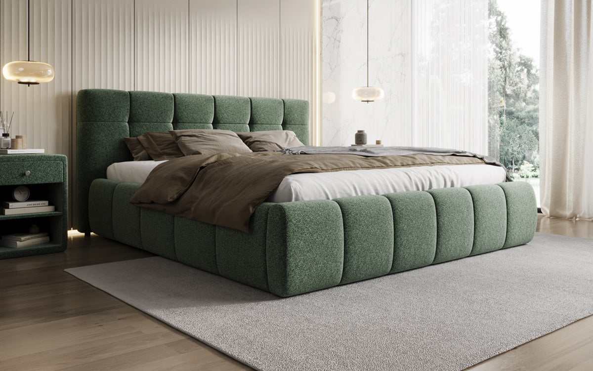 Lit rembourré design Helena en tissu texturé avec espace de rangement