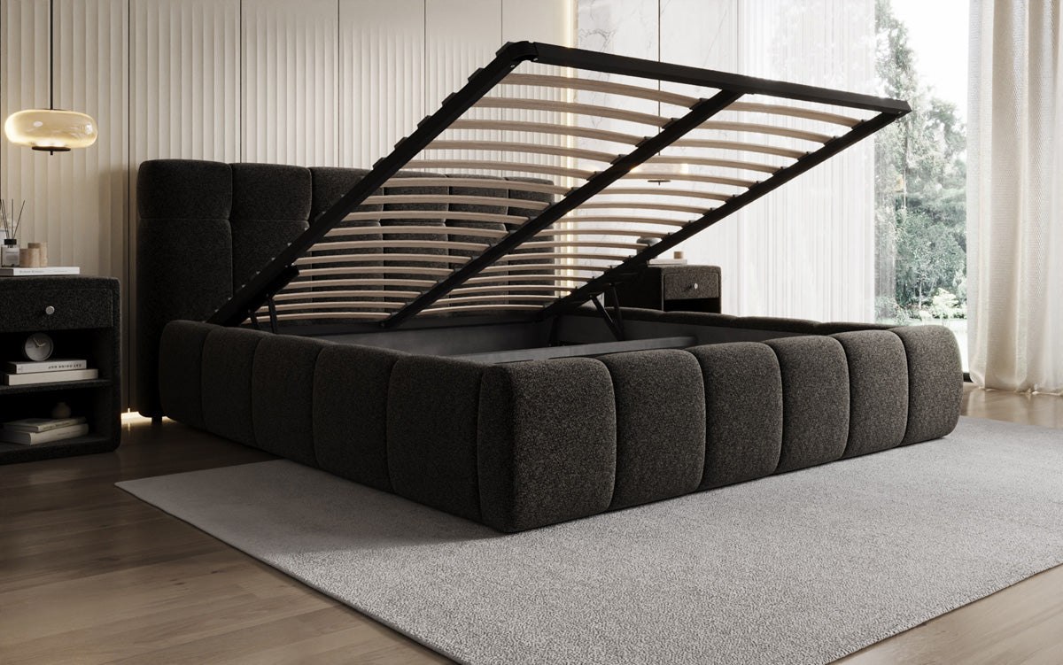 Lit rembourré design Helena en tissu texturé avec espace de rangement