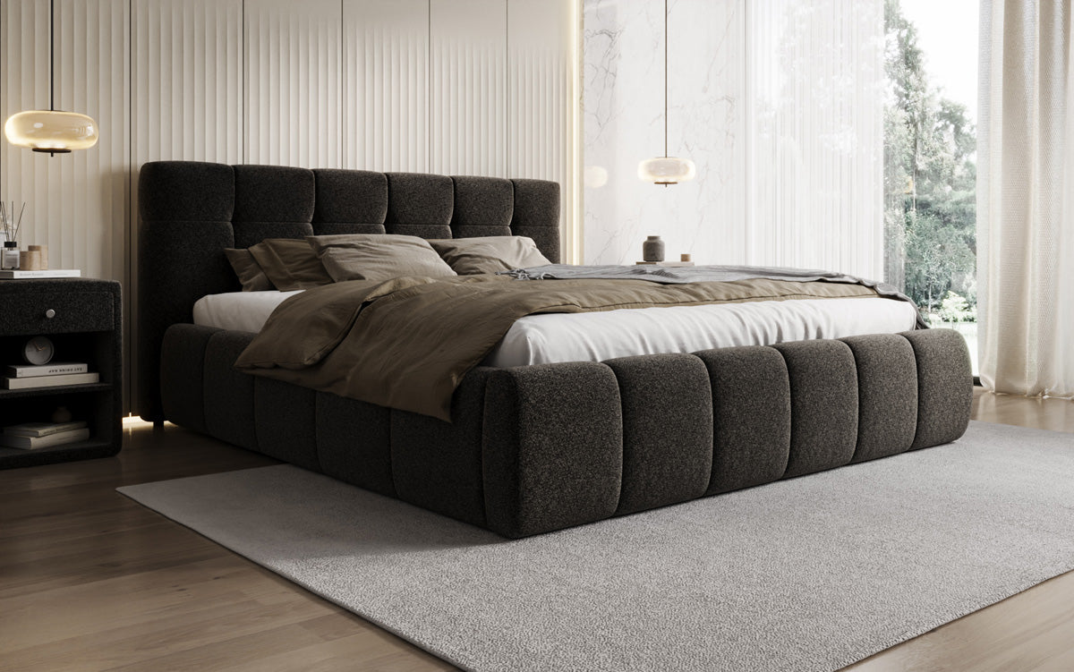 Lit rembourré design Helena en tissu texturé avec espace de rangement