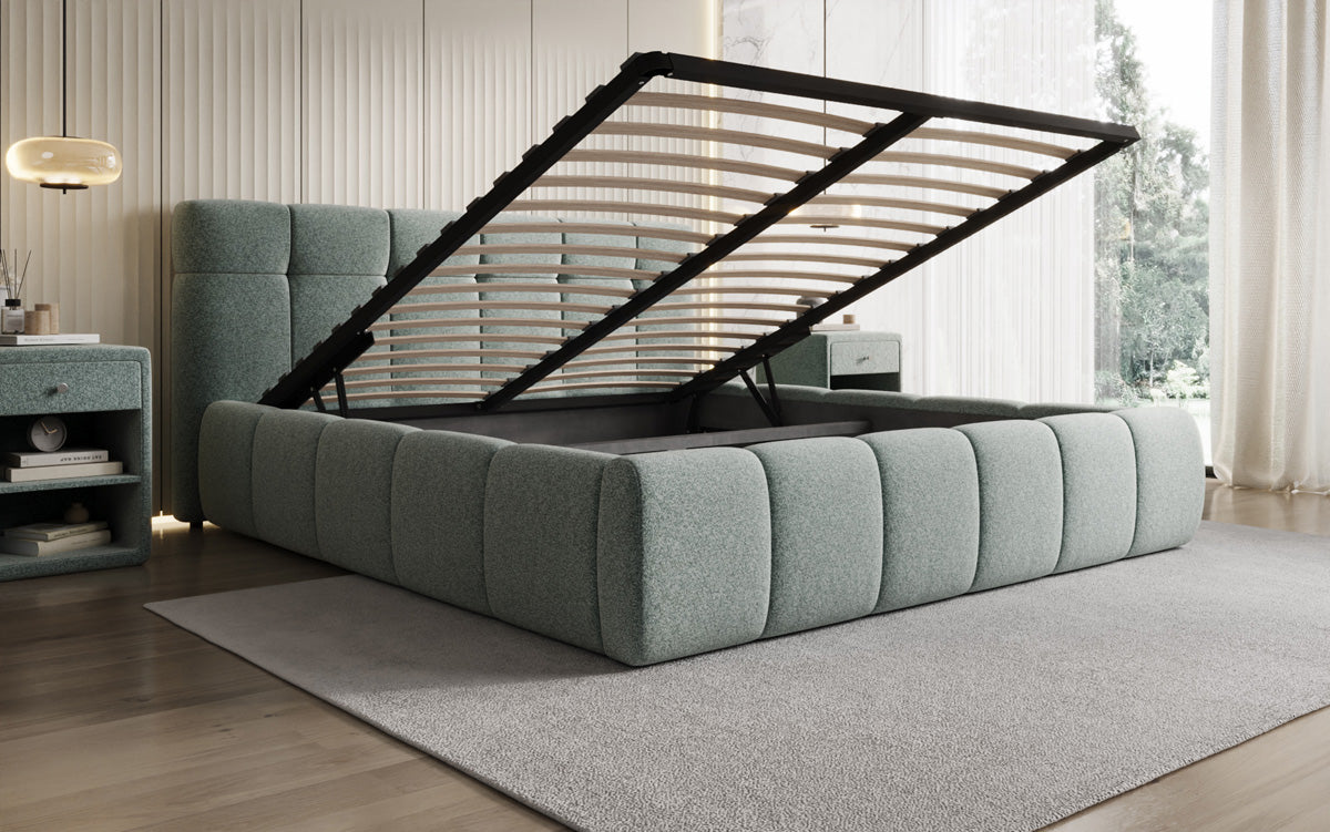 Lit rembourré design Helena en tissu texturé avec espace de rangement