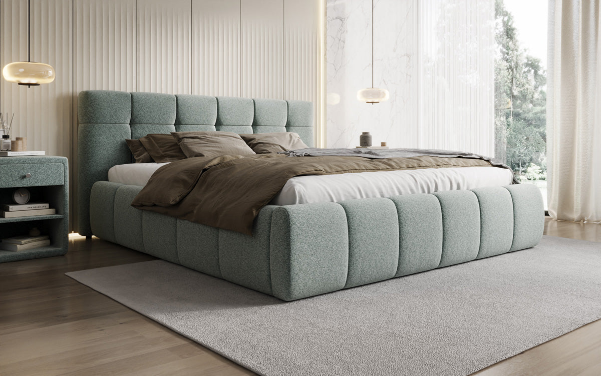 Lit rembourré design Helena en tissu texturé avec espace de rangement