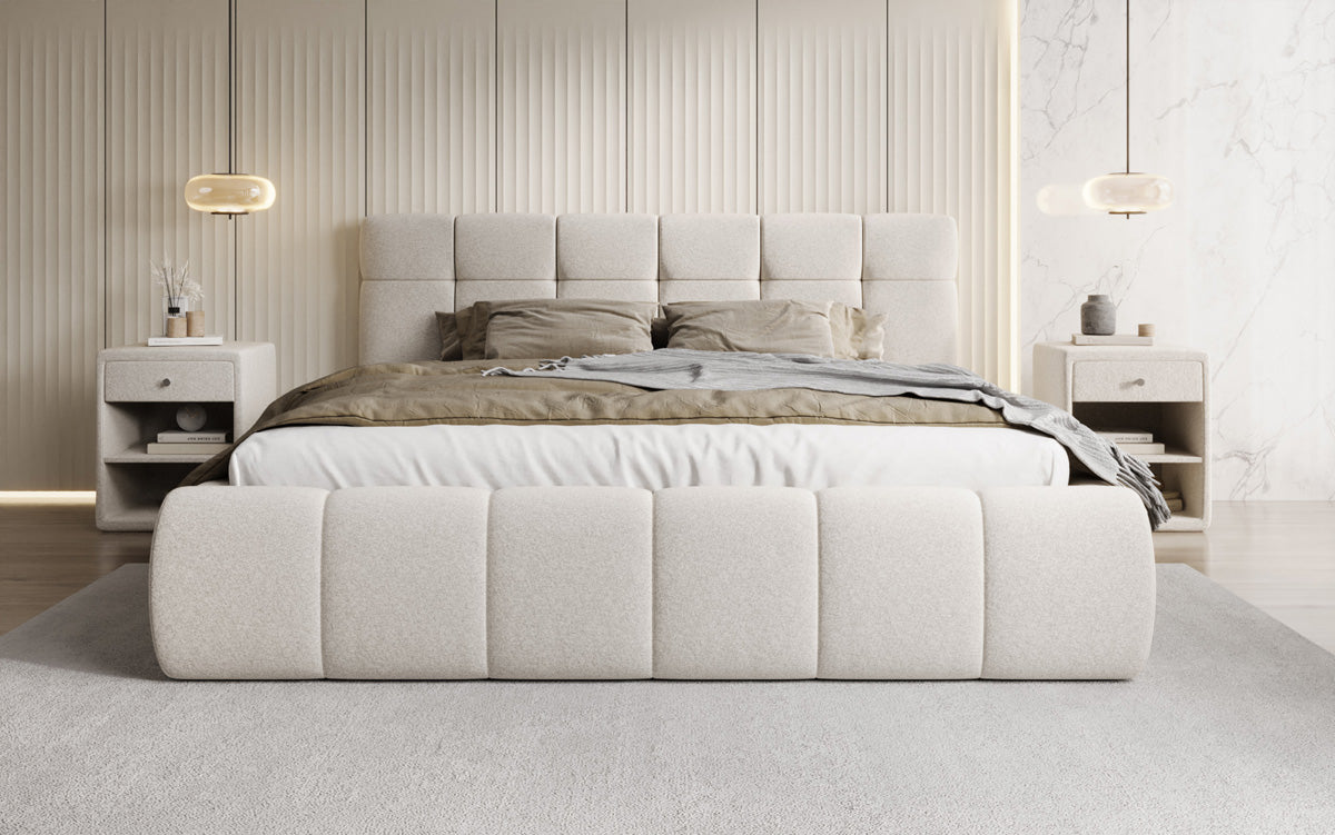 Lit rembourré design Helena en tissu texturé avec espace de rangement