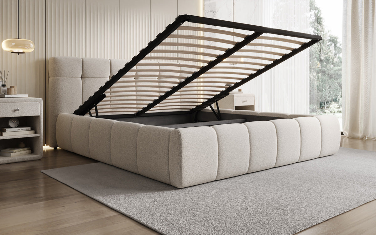 Lit rembourré design Helena en tissu texturé avec espace de rangement
