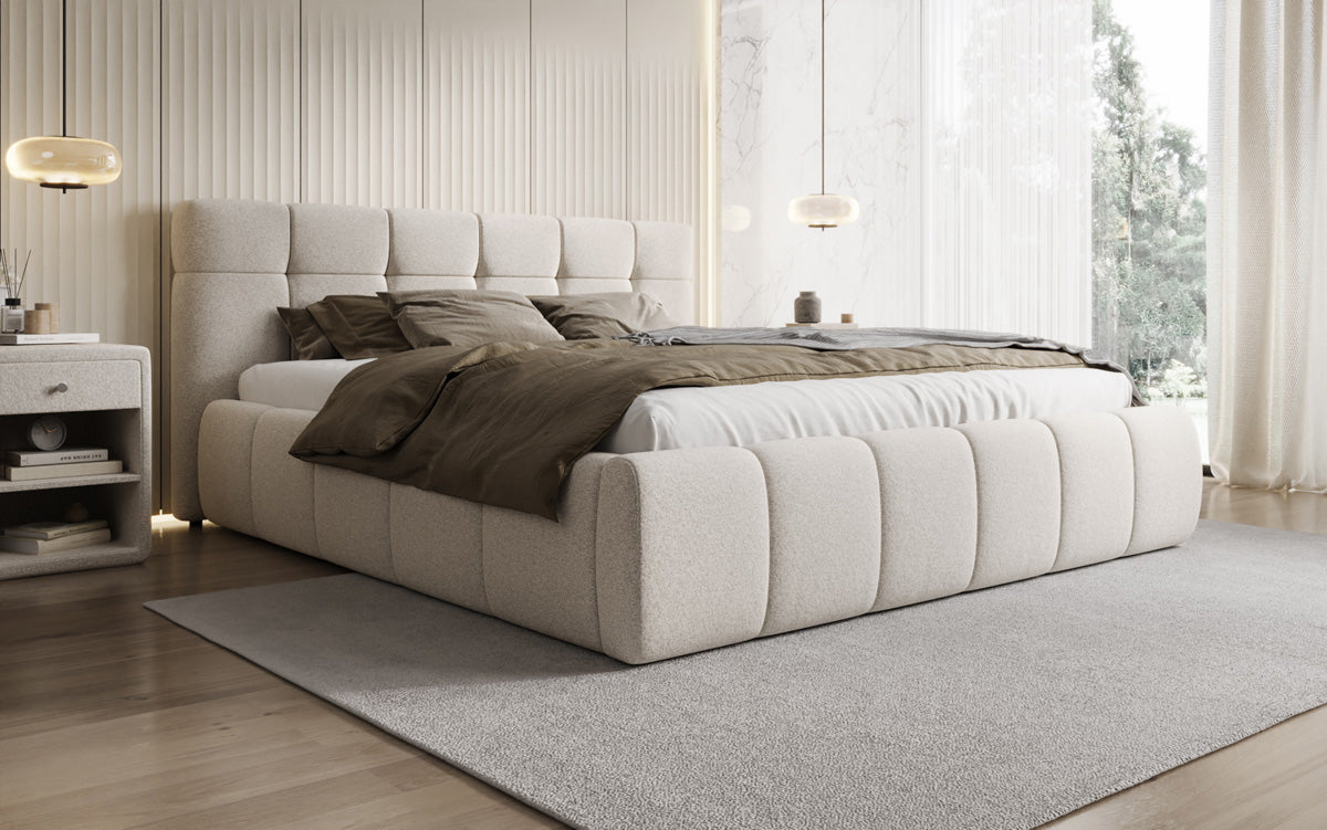 Lit rembourré design Helena en tissu texturé avec espace de rangement