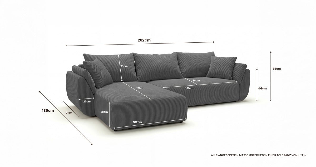 Canapé design Lenoa L avec fonction couchage et pliante en Côtelé