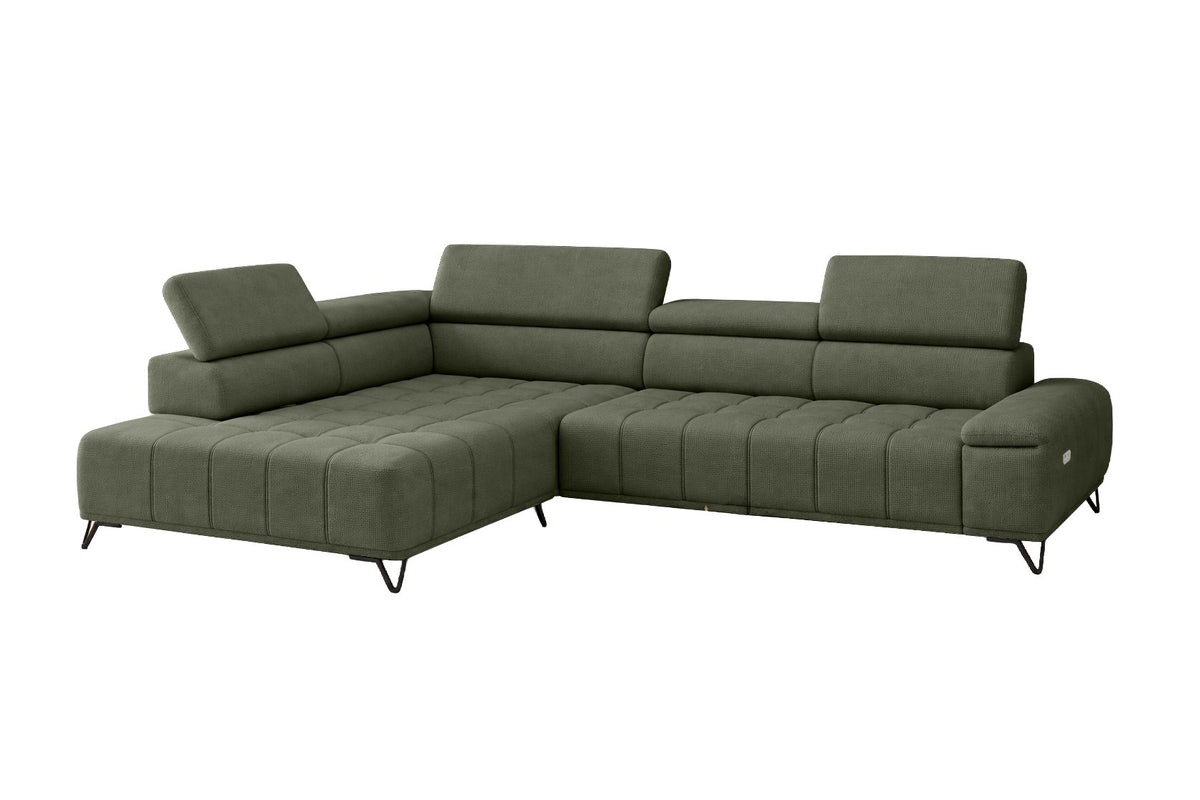Designer Ecksofa Volo in Chenille Grün, Ottomane links