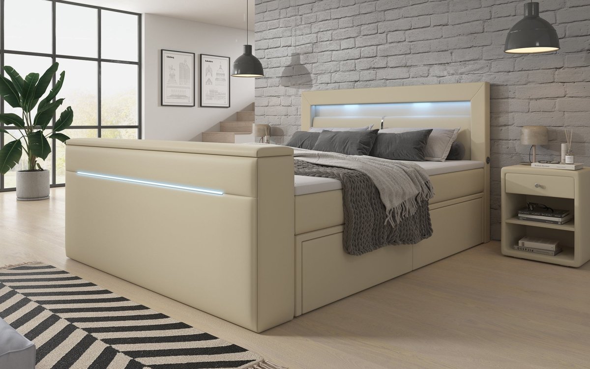 Boxspringbett Rinori mit TV Lift, USB, LED und Stauraum - Luxusbetten24