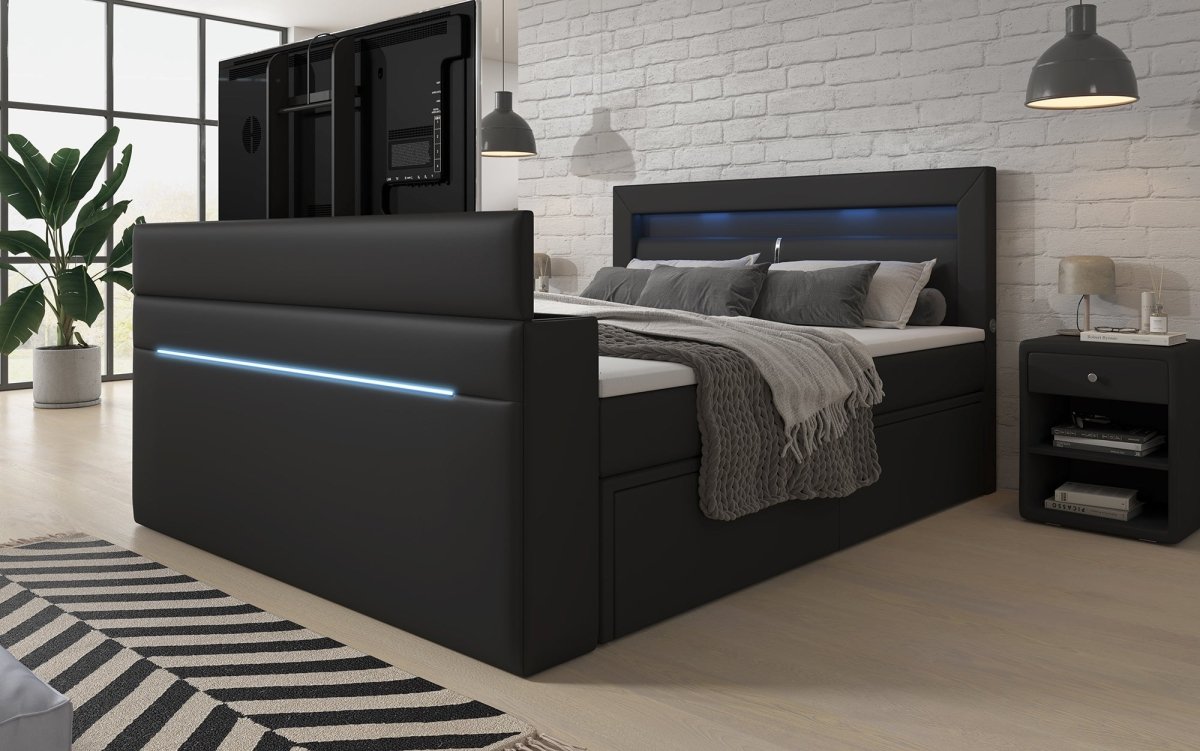 Boxspringbett Rinori mit TV Lift, USB, LED und Stauraum - Luxusbetten24