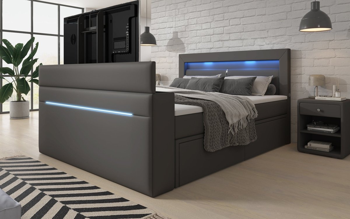 Boxspringbett Rinori mit TV Lift, USB, LED und Stauraum - Luxusbetten24