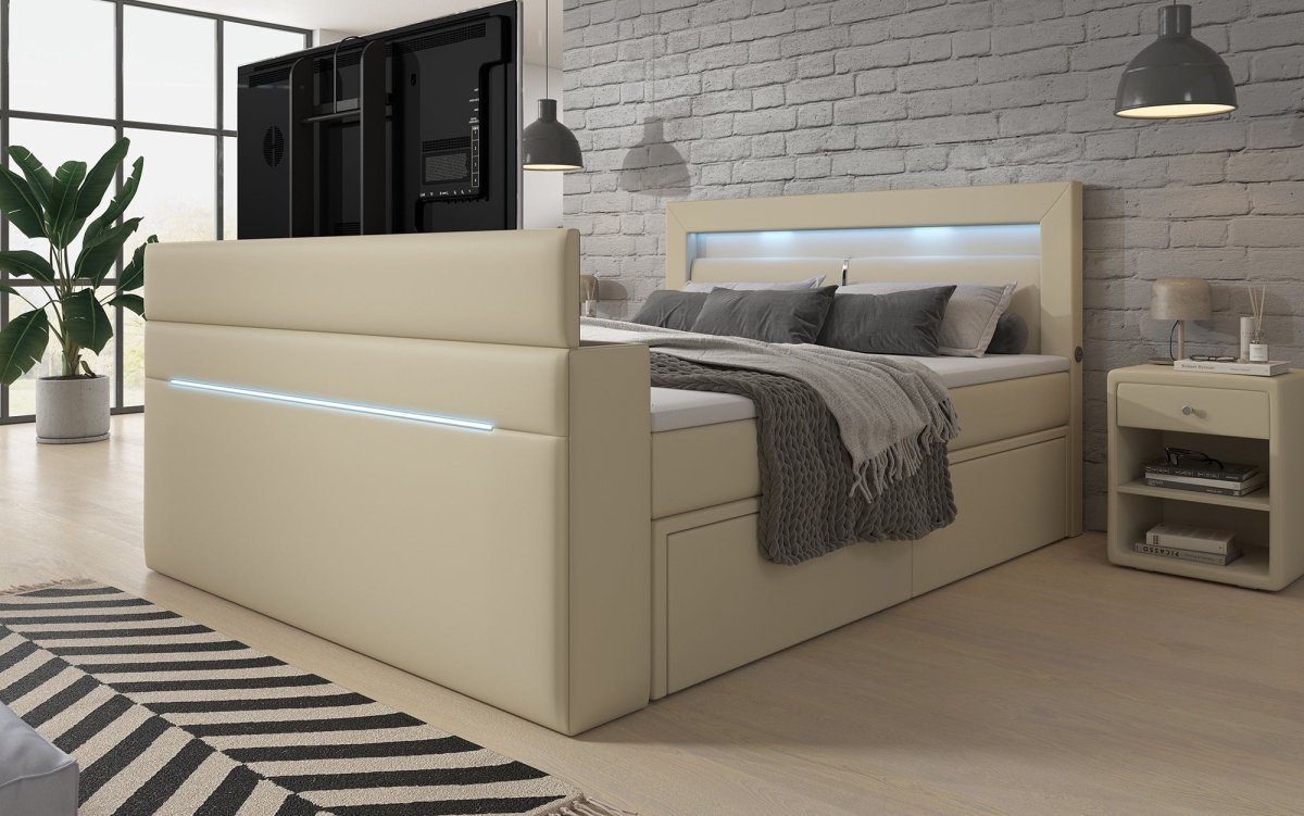 Boxspringbett Rinori mit TV Lift, USB, LED und Stauraum - Luxusbetten24