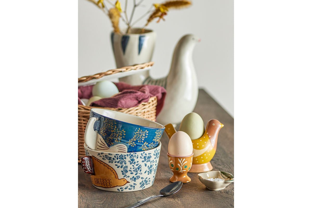 Eierbecher Maya – Handbemalte Vogelmotive aus Steingut (2er-Set)