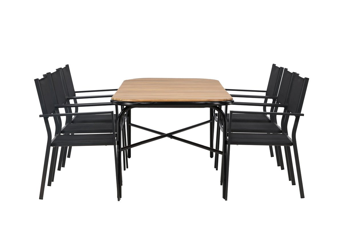 Ensemble de repas de jardin Mirabell – ensemble de mobilier de jardin 7 pièces avec table en acacia et chaises noires