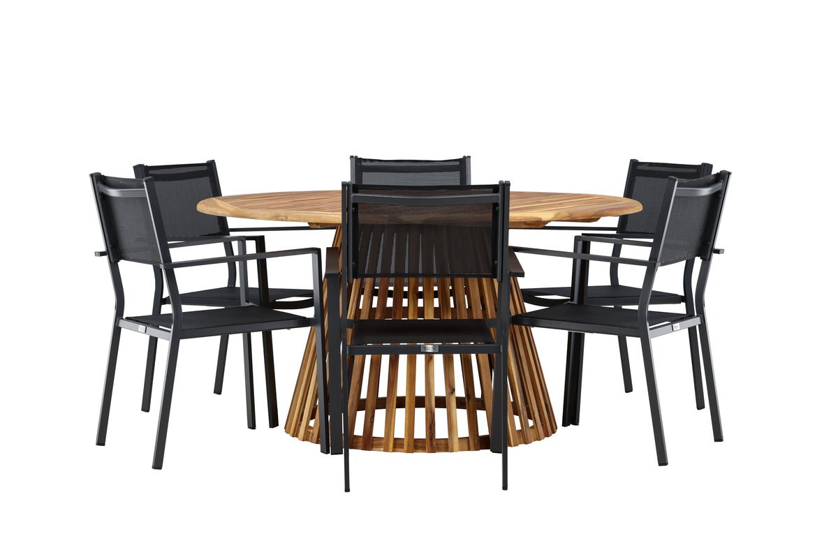 Ensemble de repas de jardin Sona – ensemble de mobilier de jardin 7 pièces avec chaises noires et table en acacia