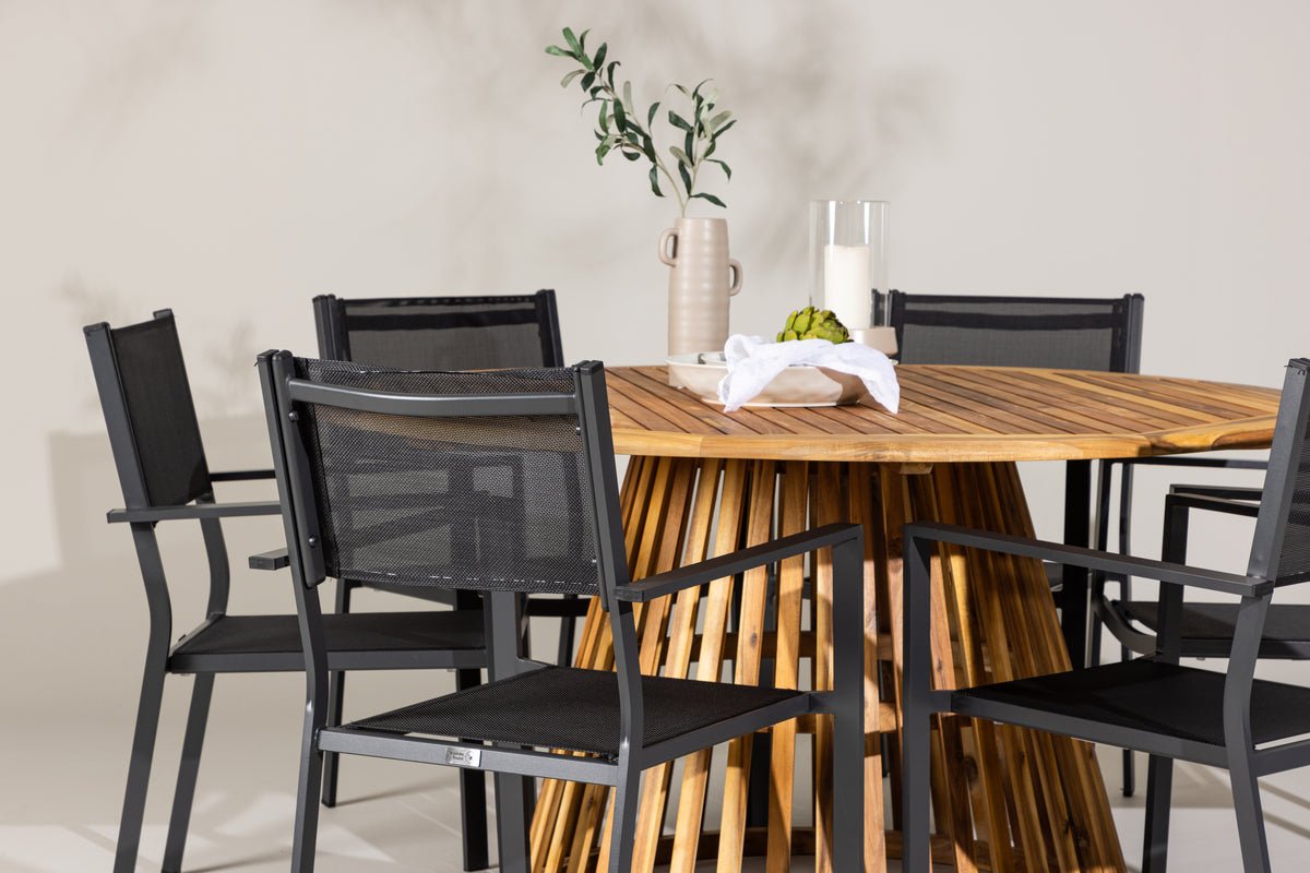 Ensemble de repas de jardin Sona – ensemble de mobilier de jardin 7 pièces avec chaises noires et table en acacia