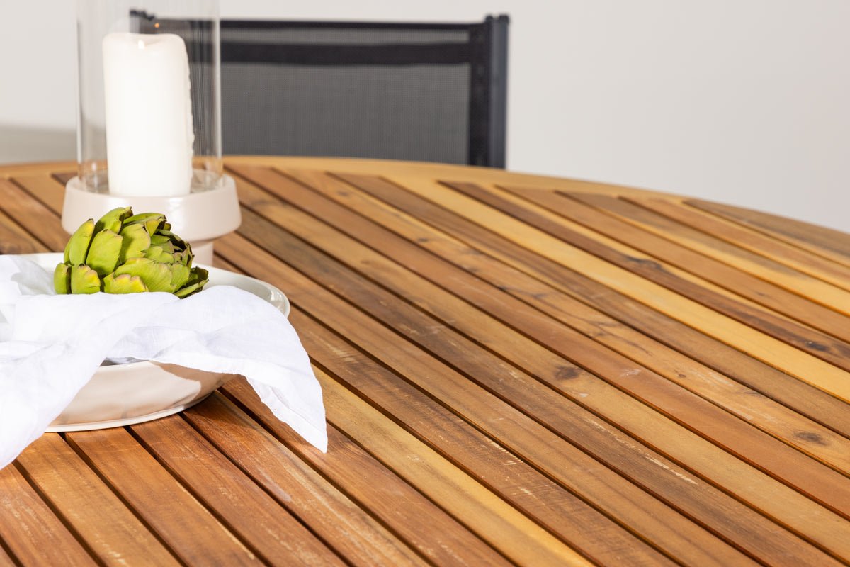 Ensemble de repas de jardin Sona – ensemble de mobilier de jardin 7 pièces avec chaises noires et table en acacia