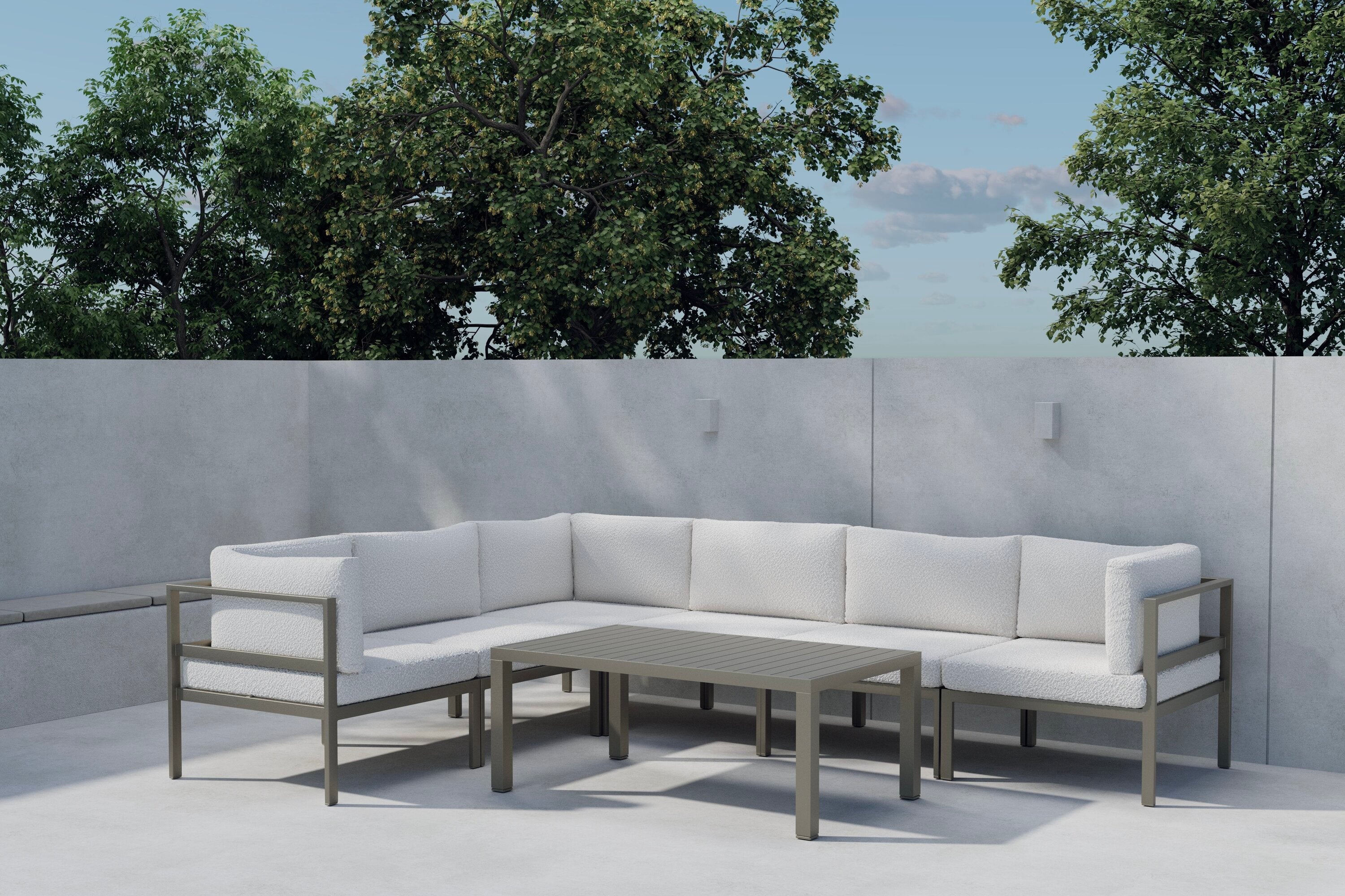 Ensemble lounge de jardin Torena 3+3 – Grand canapé d'angle blanc avec table