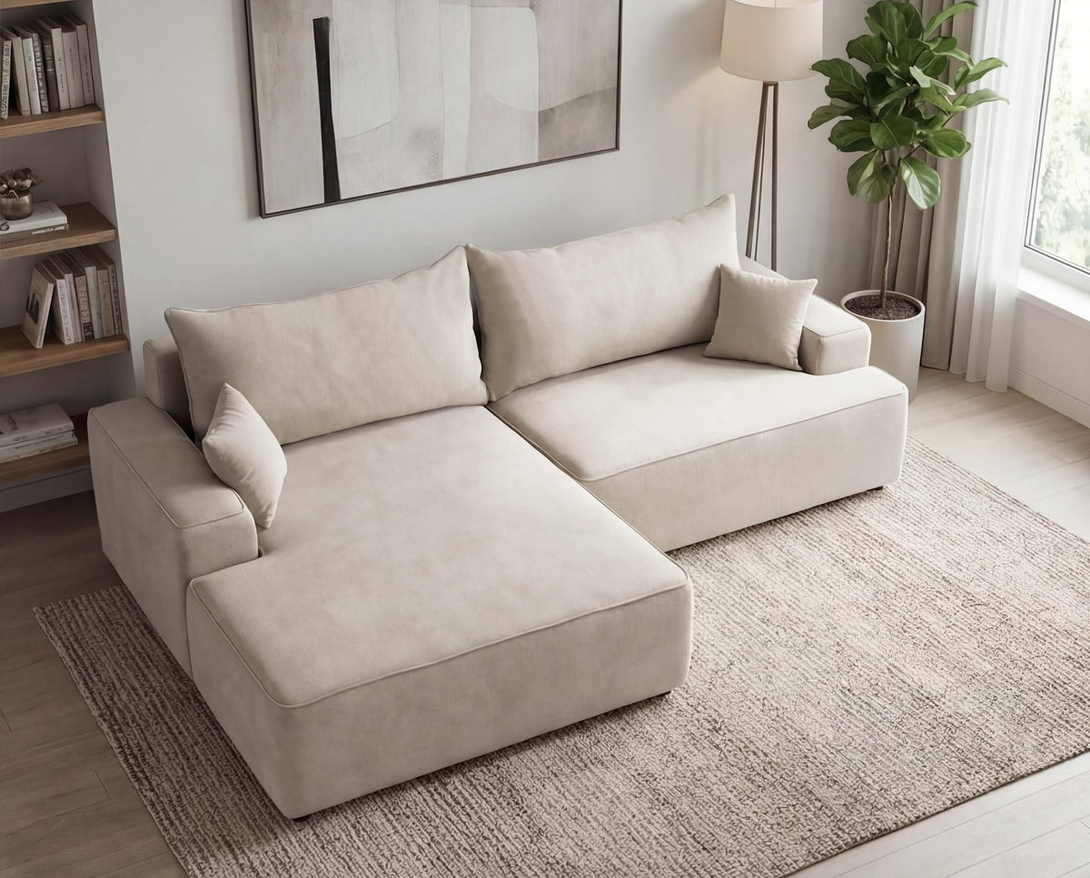 Designer Ecksofa Frido in Samt mit Schlaffunktion & Stauraum – Beige – Links