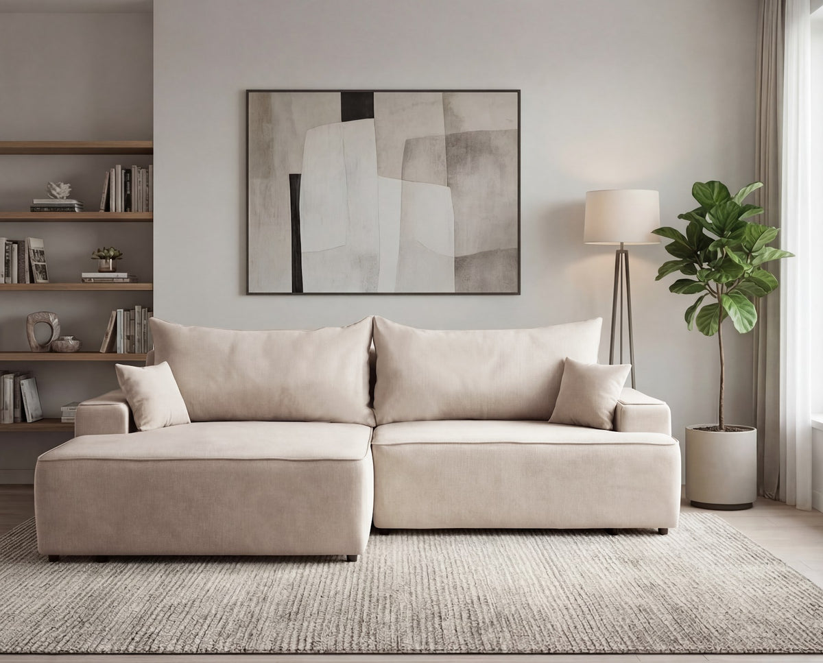 Designer Ecksofa Frido in Samt mit Schlaffunktion & Stauraum – Beige – Links