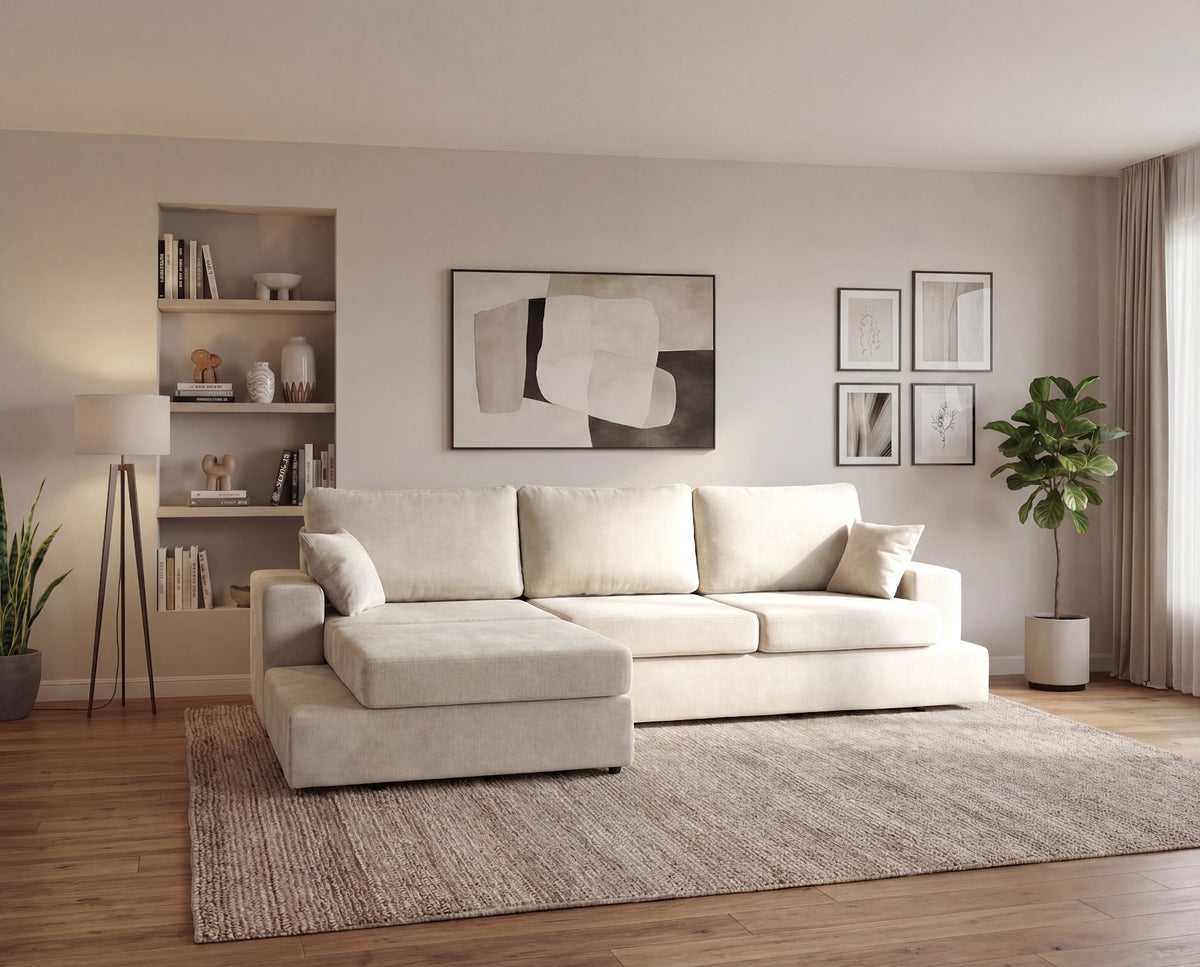 Designer Ecksofa Vigo in Chenille – Beige – Links