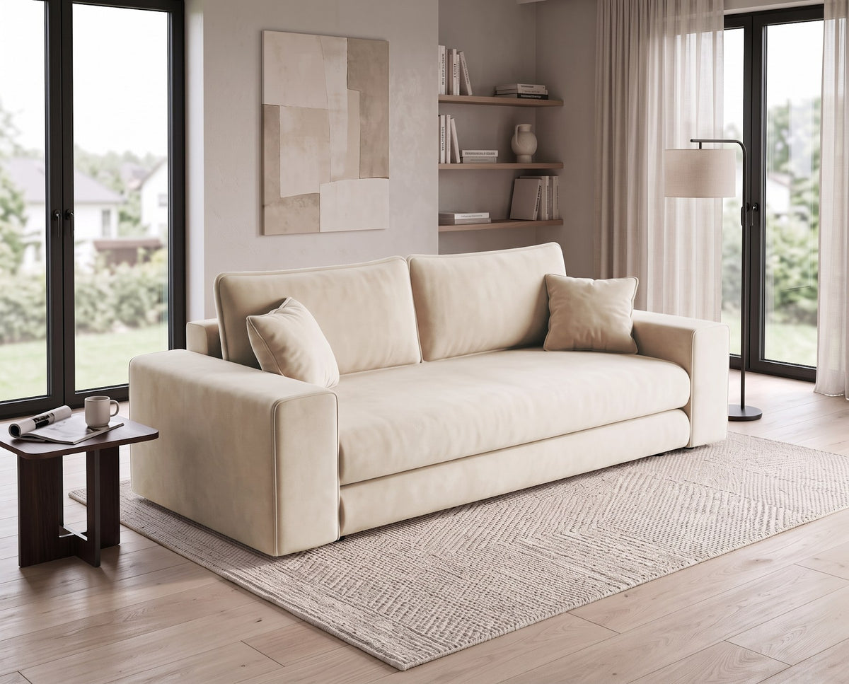 Designer 3 Sitzer Sofa Nilo in Samt mit Schlaffunktion & Stauraum – Beige