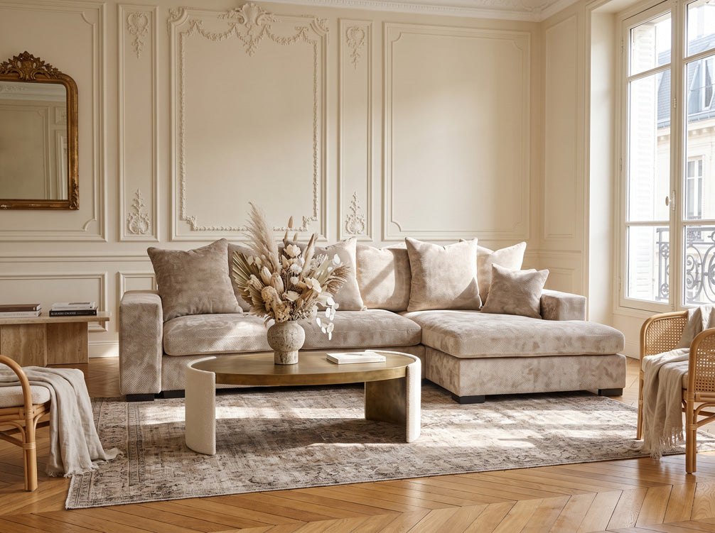 Canapé design Selena L avec fonction couchage en tissu structuré