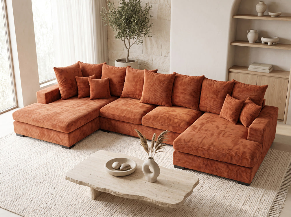 Canapé design Selena U avec fonction couchage en tissu texturé