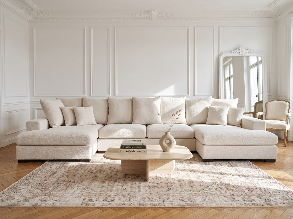 Canapé design Selena U avec fonction couchage en tissu texturé