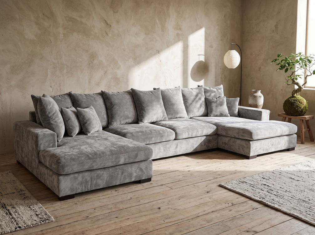 Canapé design Selena U avec fonction couchage en tissu texturé