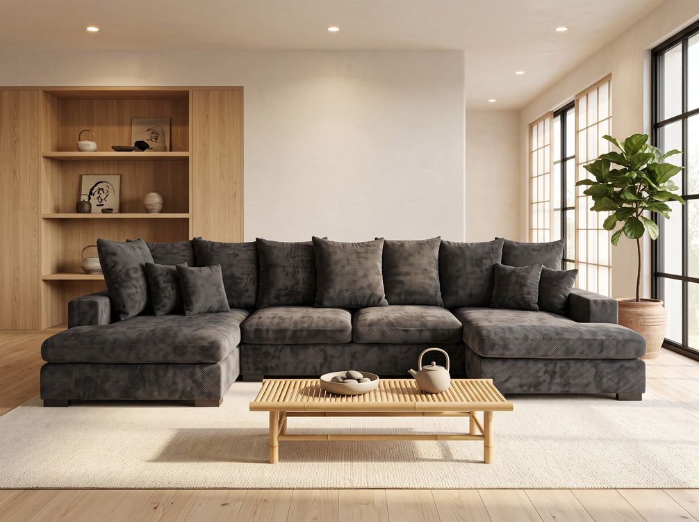 Canapé design Selena U avec fonction couchage en tissu texturé
