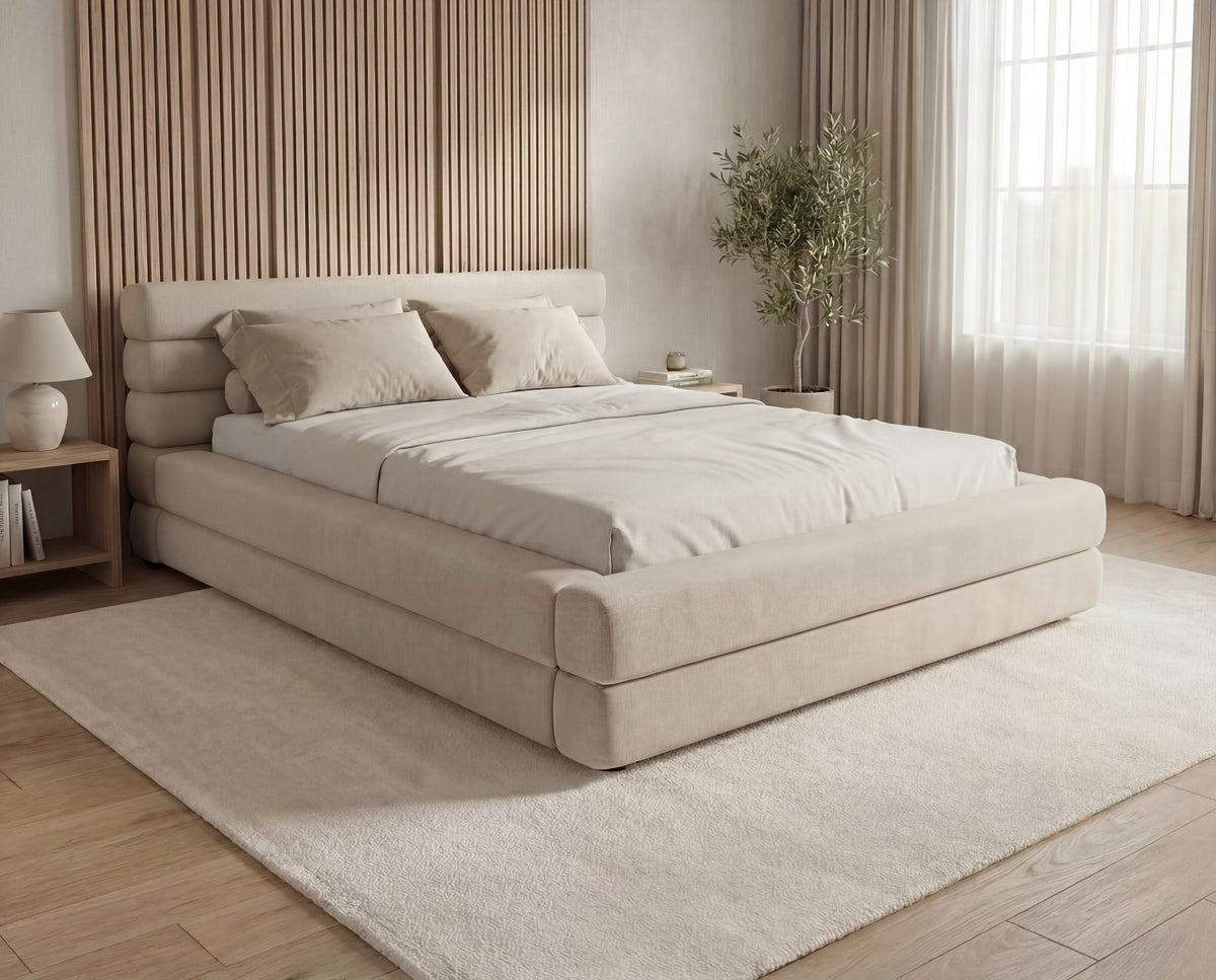 Designer Polsterbett Velia in Samt mit Stauraum – Beige