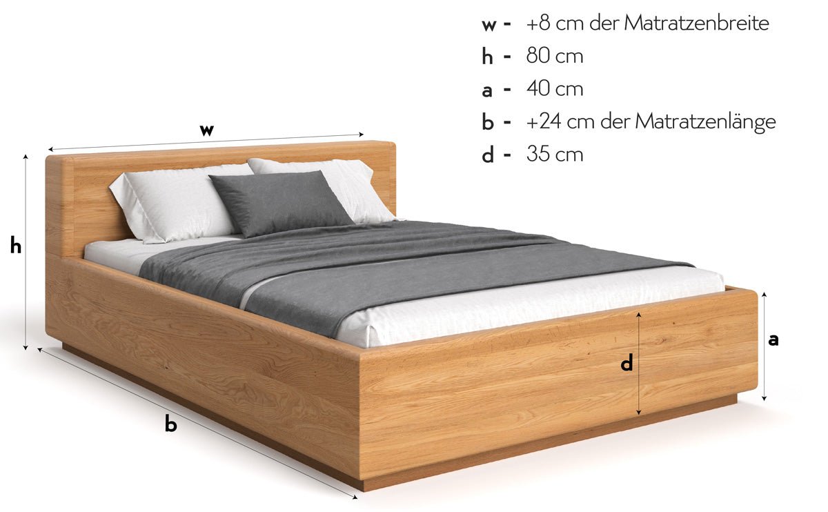 Lit en bois massif Calveno en chêne avec rangement et tête de lit droite