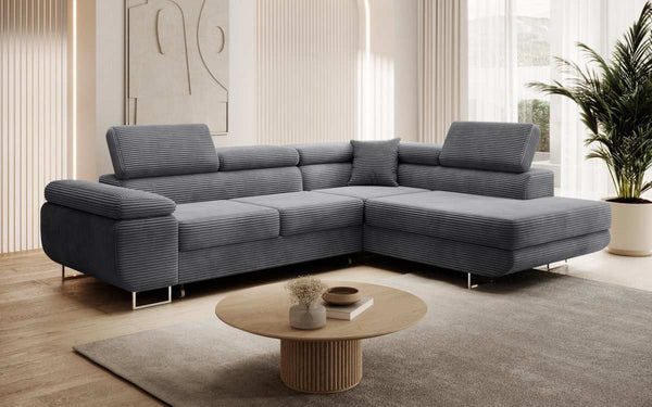 Designer Ecksofa Aston mit Schlaf- und Klappfunktion aus Cord