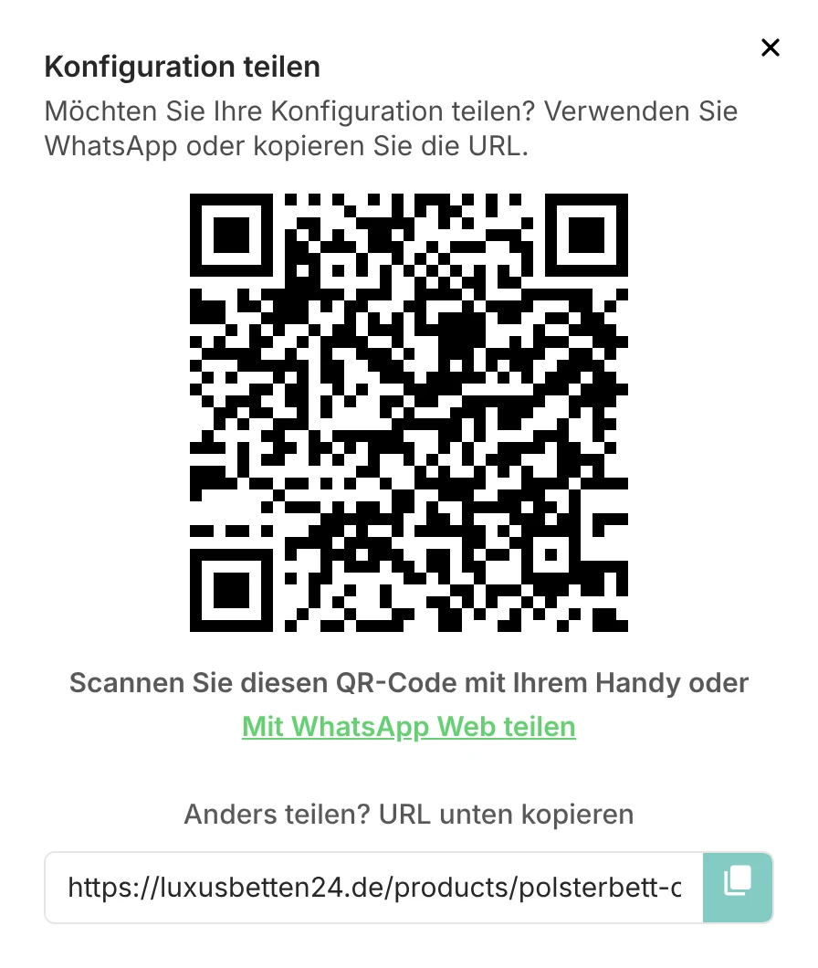 Fenster „Konfiguration teilen“ mit QR-Code, WhatsApp und Link